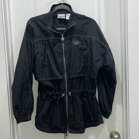 Vintage Reebok Black Drawstring Windbreaker Jacket 90s Track Nylon Sz S - Picture 1 of 8
